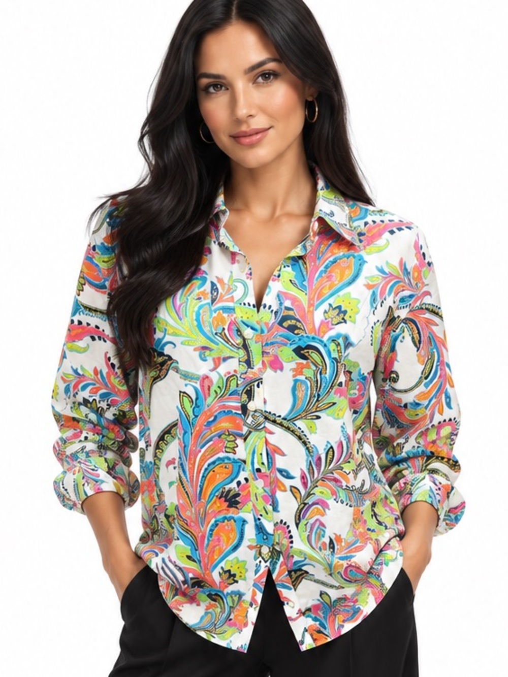 Lauren Ralph Lauren White Paisley Multicolor Button-Down Shirt Classic Preppy